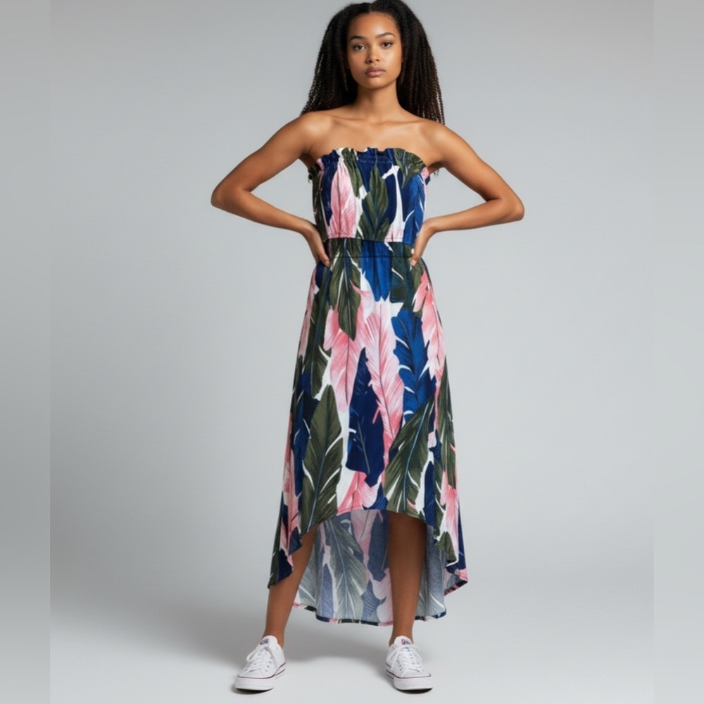 VENUS Vibrant Size L Tropical Leaf Print Maxi Summer dress luau strapless